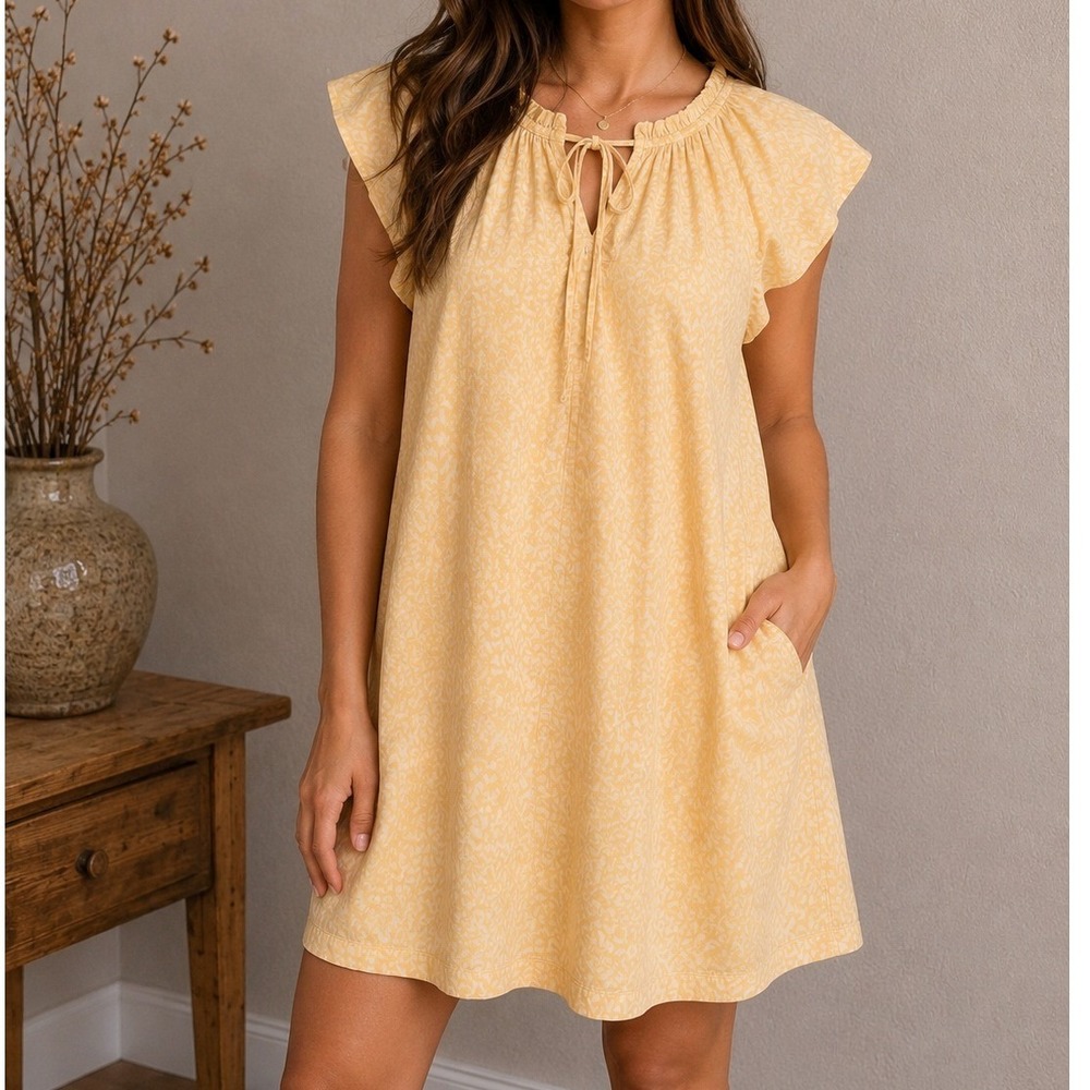Gap Dress Women L Petite Yellow Excellent Flutter Sleeve Cotton Abstract Print